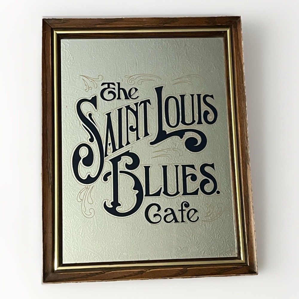 Vintage The Saint Louis Blues Cafe Framed Mirror Sign Wood & Gold Accent Frame